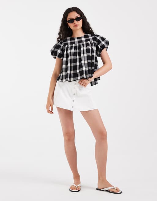 ASOS DESIGN babydoll puff sleeve smock top in check, 3 of 4