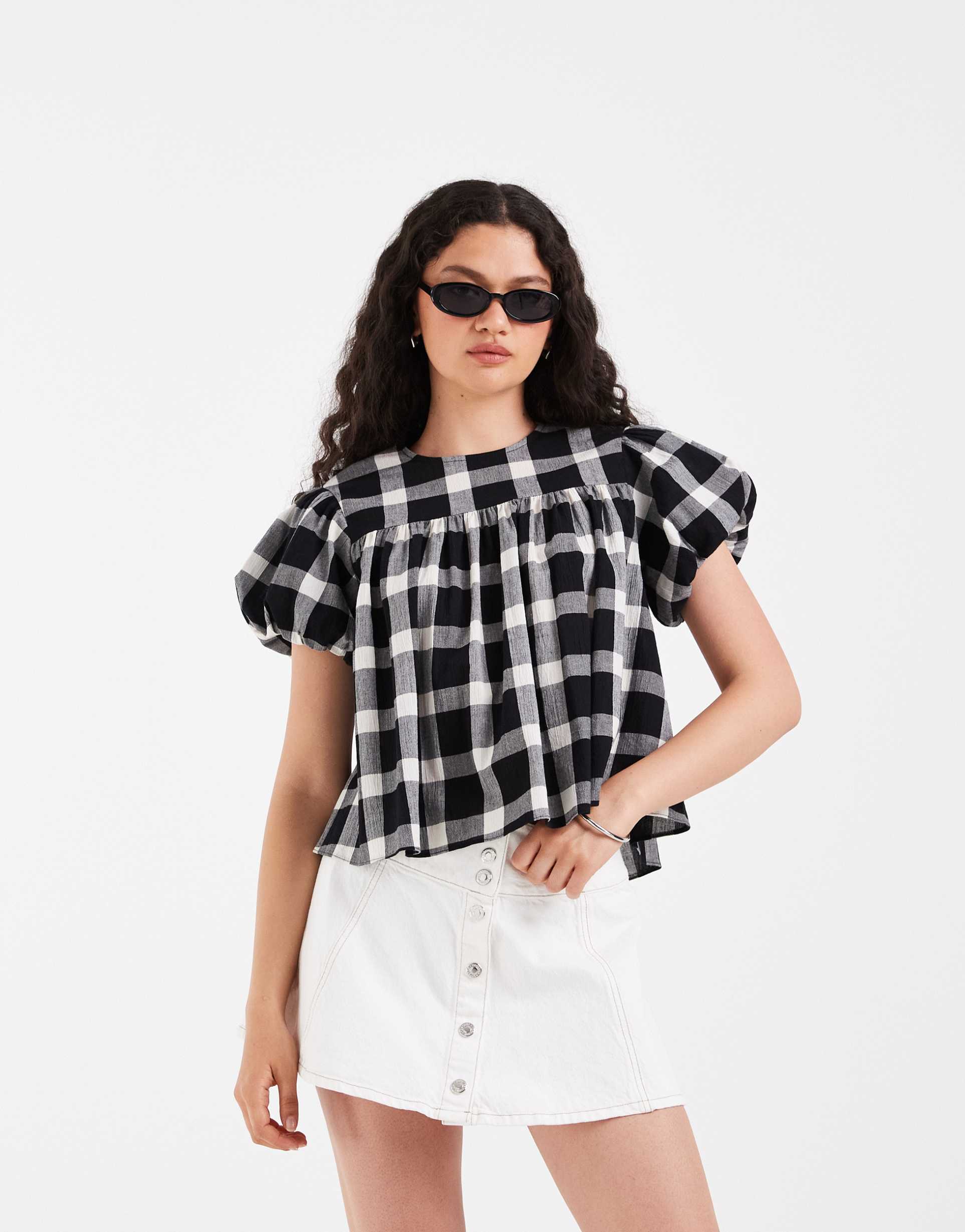 asos design babydoll puff sleeve smock top in plaid