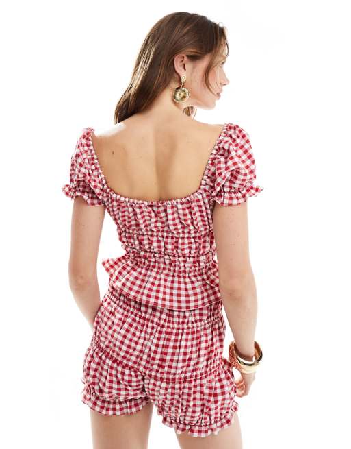 ASOS DESIGN babydoll ruched crop top in red gingham (part of a set), 3 of 4