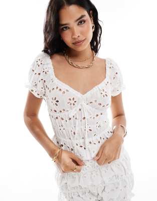 ASOS DESIGN babydoll ruched crop top in white eyelet - part of a set | ASOS