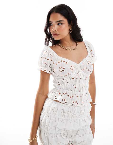 ASOS DESIGN babydoll ruched crop top in white eyelet - part of a set - view 1
