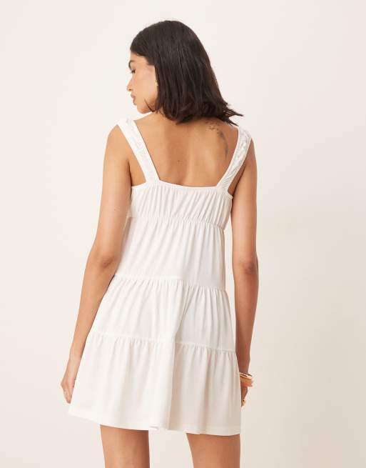 ASOS Design Babydoll Swing Tiered Mini Dress in ivory-White