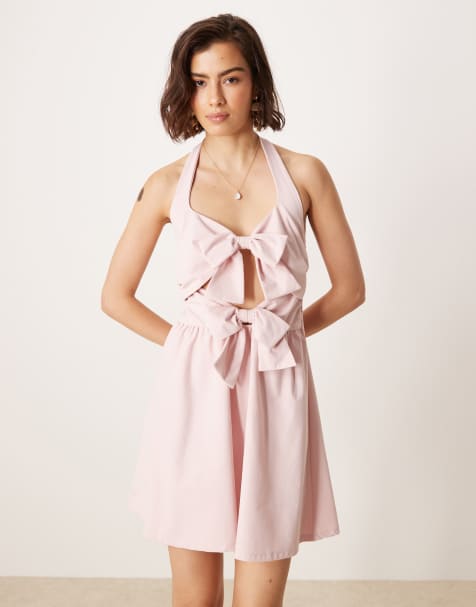 ASOS DESIGN - Babylyserød minikjole med halterneck og to sløjfebånd foran - view 1