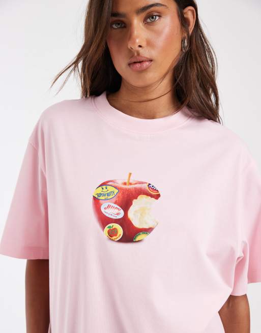 ASOS DESIGN - Babylyserød oversized T-shirt med grafisk print af æbleklistermærke, 1 af 4