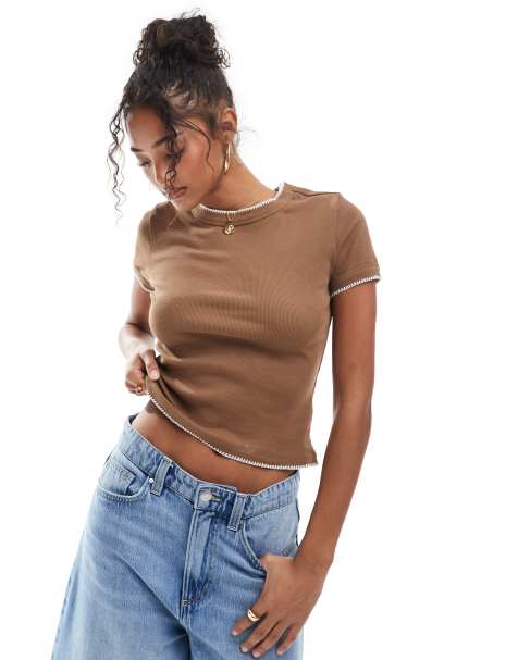 ASOS DESIGN babytee with blanket stitch detail in brown - view 1