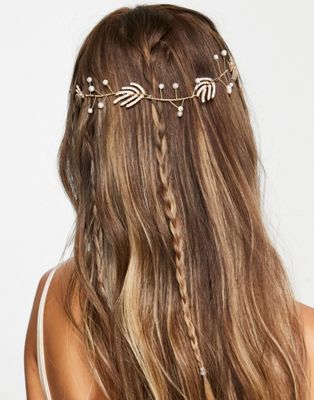 ASOS DESIGN back hair crown with crystal leaf and pearl detail in gold tone