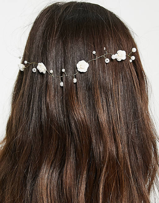 ASOS DESIGN back hair crown with pearl and floral detail in gold tone