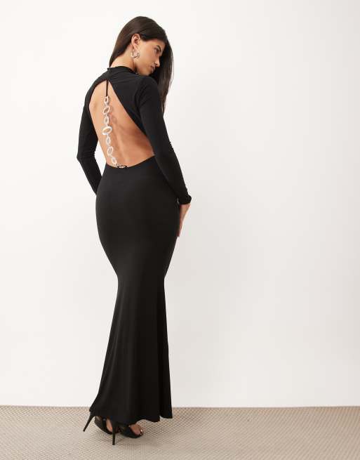 ASOS DESIGN backless chain trim maxi high neck dress in black, 4 of 4