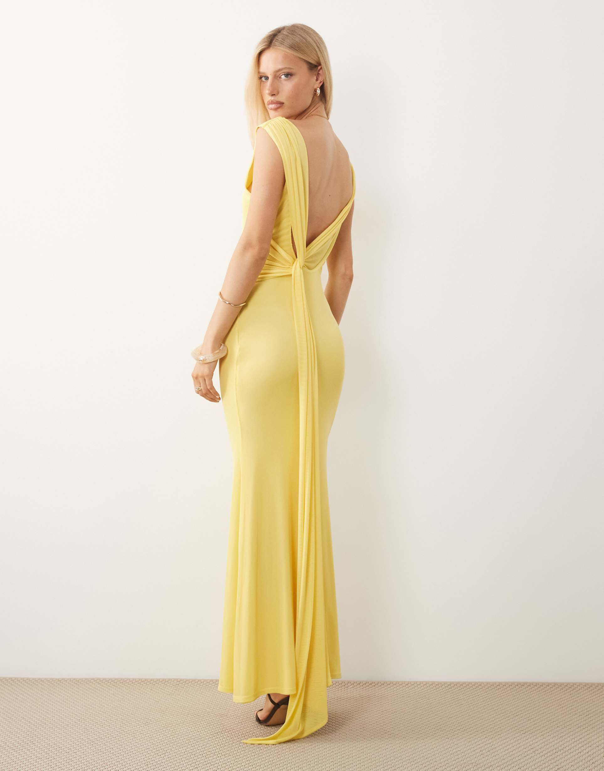 asos design backless detail mesh maxi dress with train sash in lemon