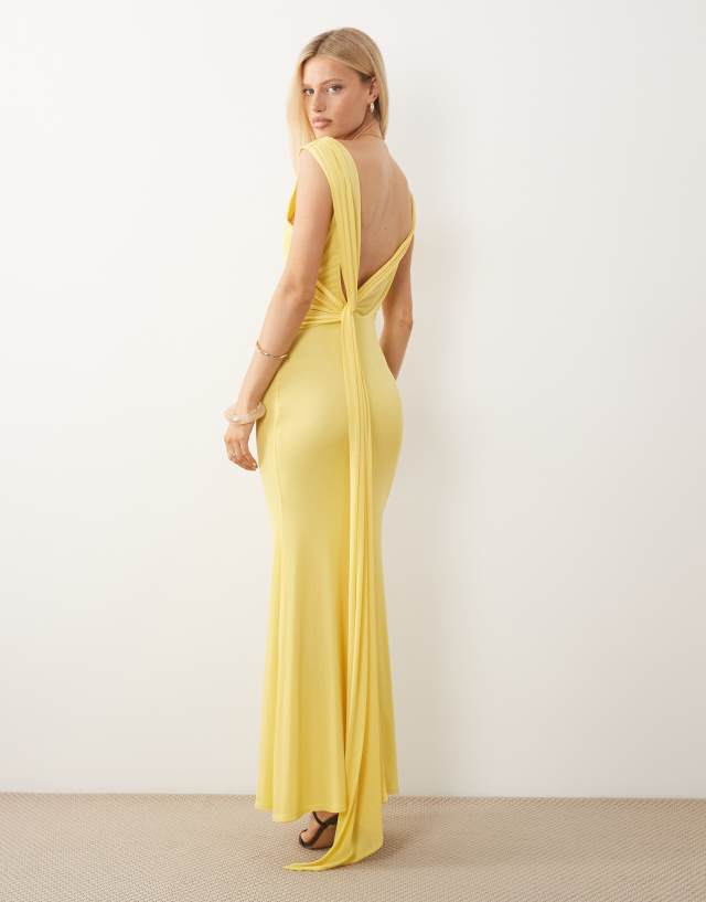 ASOS DESIGN backless detail mesh maxi dress with train sash in lemon