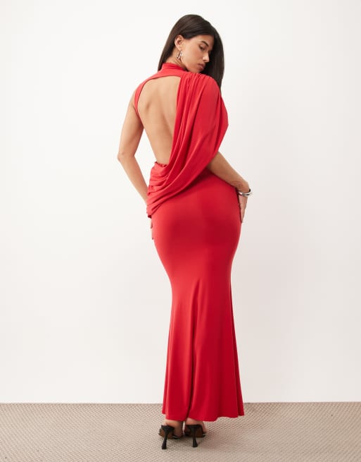 ASOS DESIGN backless drape sleeveless maxi dress in red, 4 of 4