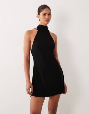 Asos Design Backless Flippy Mini Dress With Scarf Detail In Black