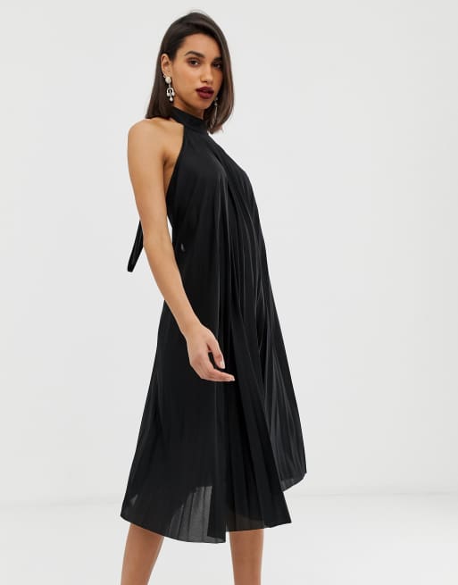 ASOS Backless Halter Pleated Midi Dress-black