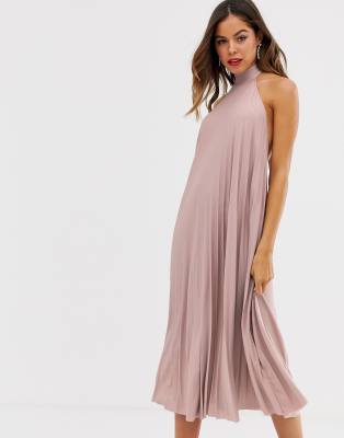 halter pleated midi dress