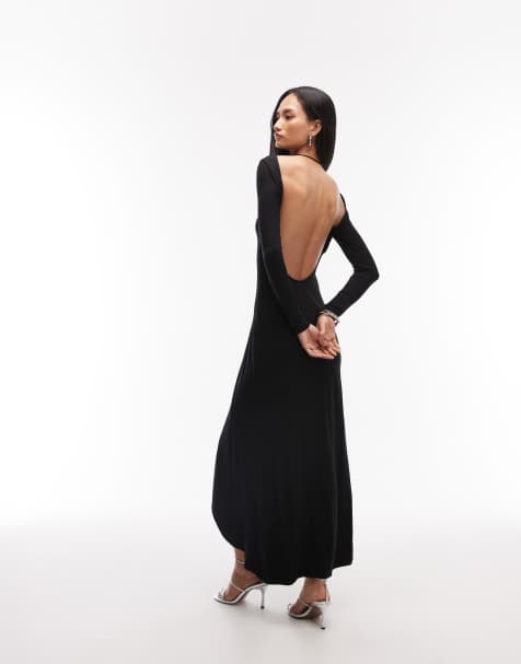 ASOS DESIGN backless long sleeve maxi dress with ruched waist detail in black - view 1
