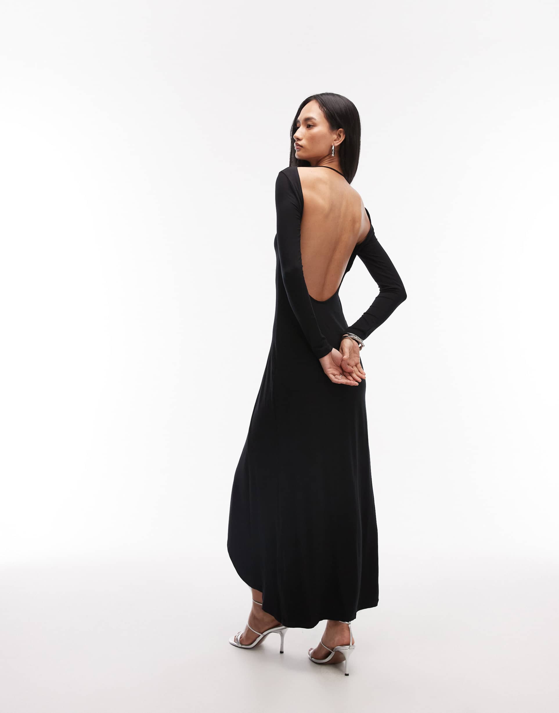 asos design backless long sleeve maxi dress with ruched waist detail in black