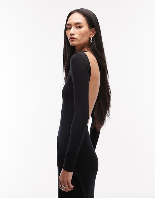 black backless long sleeve dress Slim cut out maxi with High Split and Elegant Patchwork for Women length skirt with a fishtail flair Keaton | Black Velvet Long-Sleeve