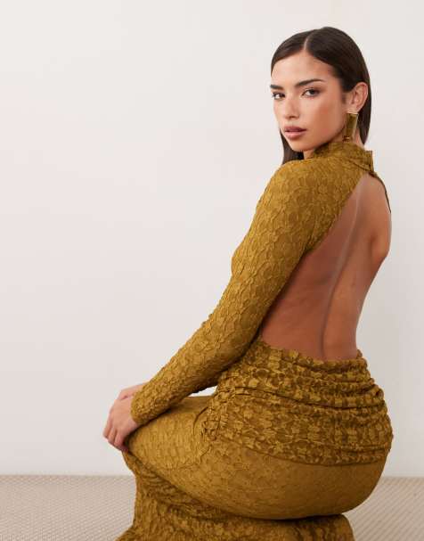 ASOS DESIGN backless maxi lace dress with cowl drape at hips in olive - view 1