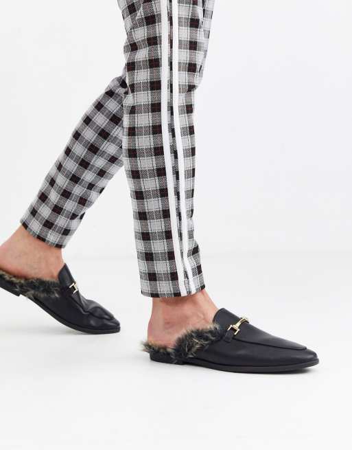 ASOS DESIGN backless mule loafer in black faux leather with faux fur insock | ASOS