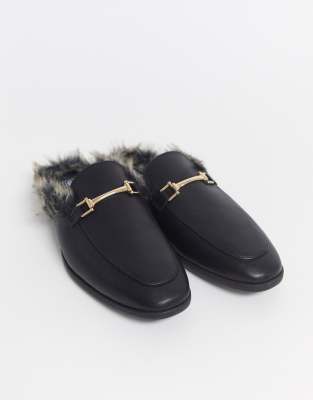 faux leather fur backless mules