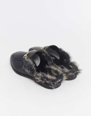 faux leather fur backless mules