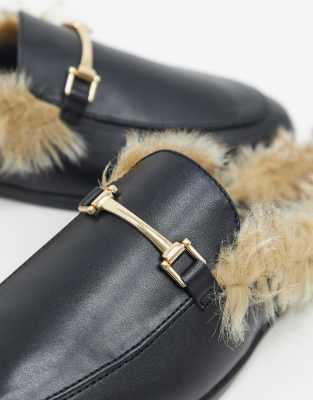 faux leather fur backless mules