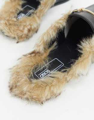 faux leather fur backless mules