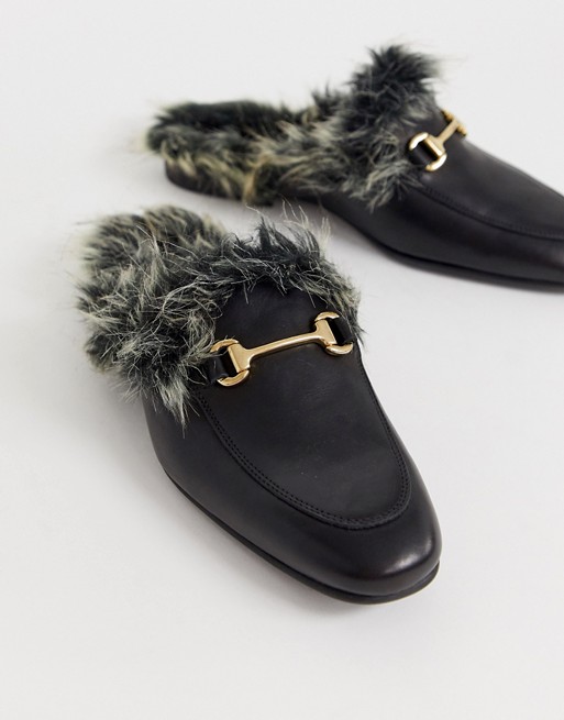 ASOS DESIGN backless mule loafer in black leather with faux fur lining ...