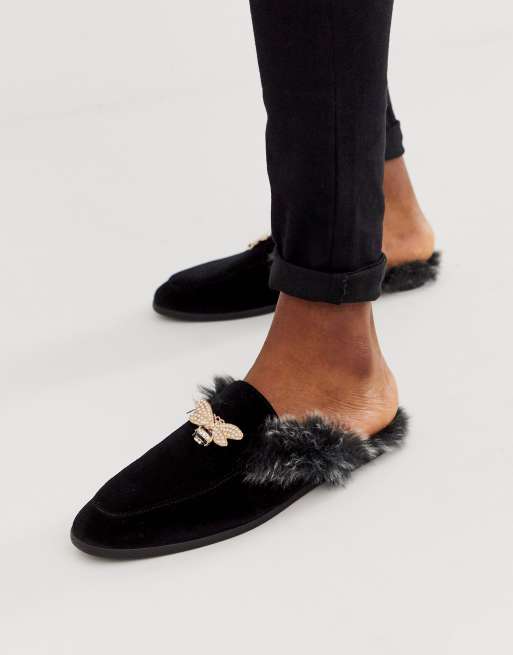 ASOS DESIGN backless mule loafer in black velvet with faux fur insock and  hardware detail