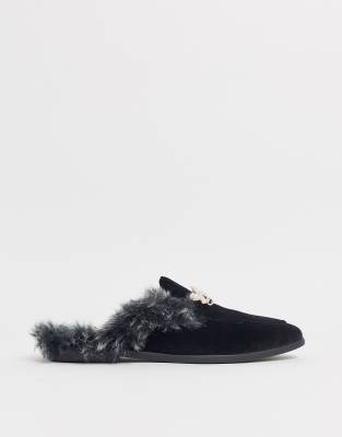 ASOS DESIGN backless mule loafer in black velvet with faux fur insock and  hardware detail