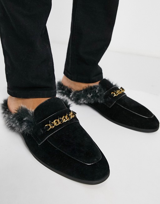 ASOS DESIGN backless mule loafer in black velvet with faux fur insock and hardware detail