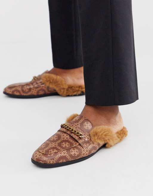 ASOS DESIGN backless mule loafer in brown faux leather with print and faux fur insock | ASOS