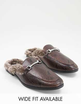 ASOS DESIGN backless mule loafer in brown snake faux leather with faux fur | ASOS