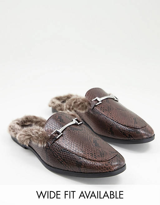 Asos Men Shoes Flat Shoes Loafers Backless mule loafers in snake faux leather with faux fur 