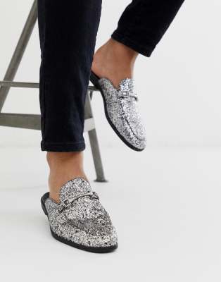 silver glitter loafers