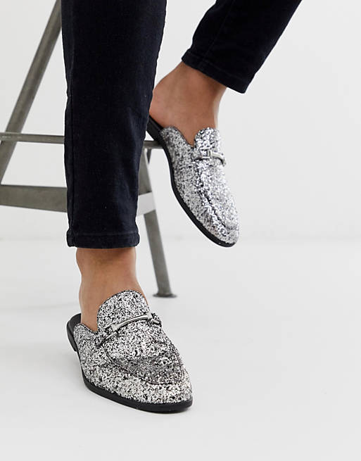 ASOS DESIGN backless mule loafer in silver glitter with snaffle | ASOS
