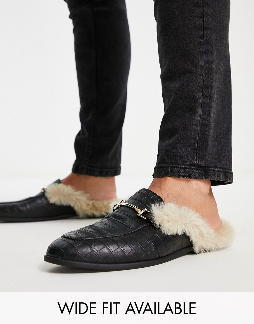 ASOS DESIGN backless mule loafers in black faux leather with faux fur