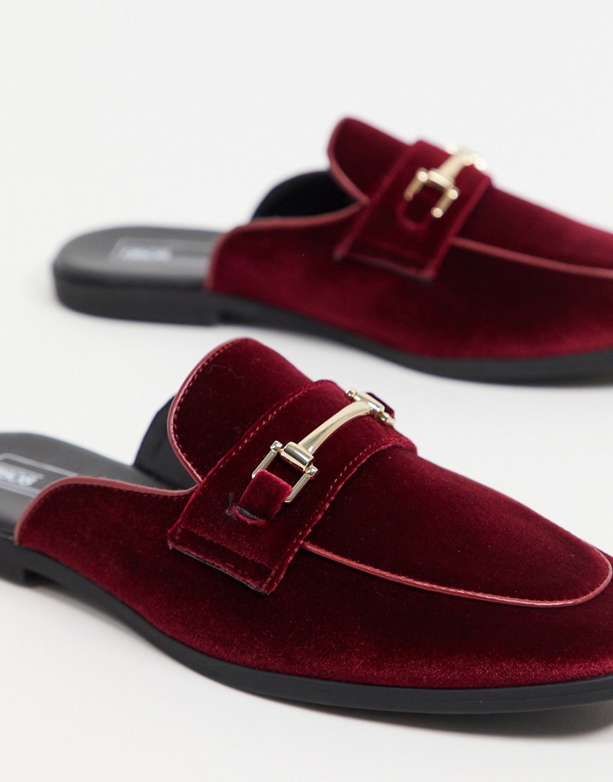 ASOS DESIGN backless mule loafers in burgundy velvet with hardware detail-Red