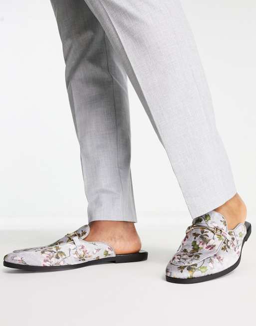 ASOS DESIGN backless mule loafers in grey floral print