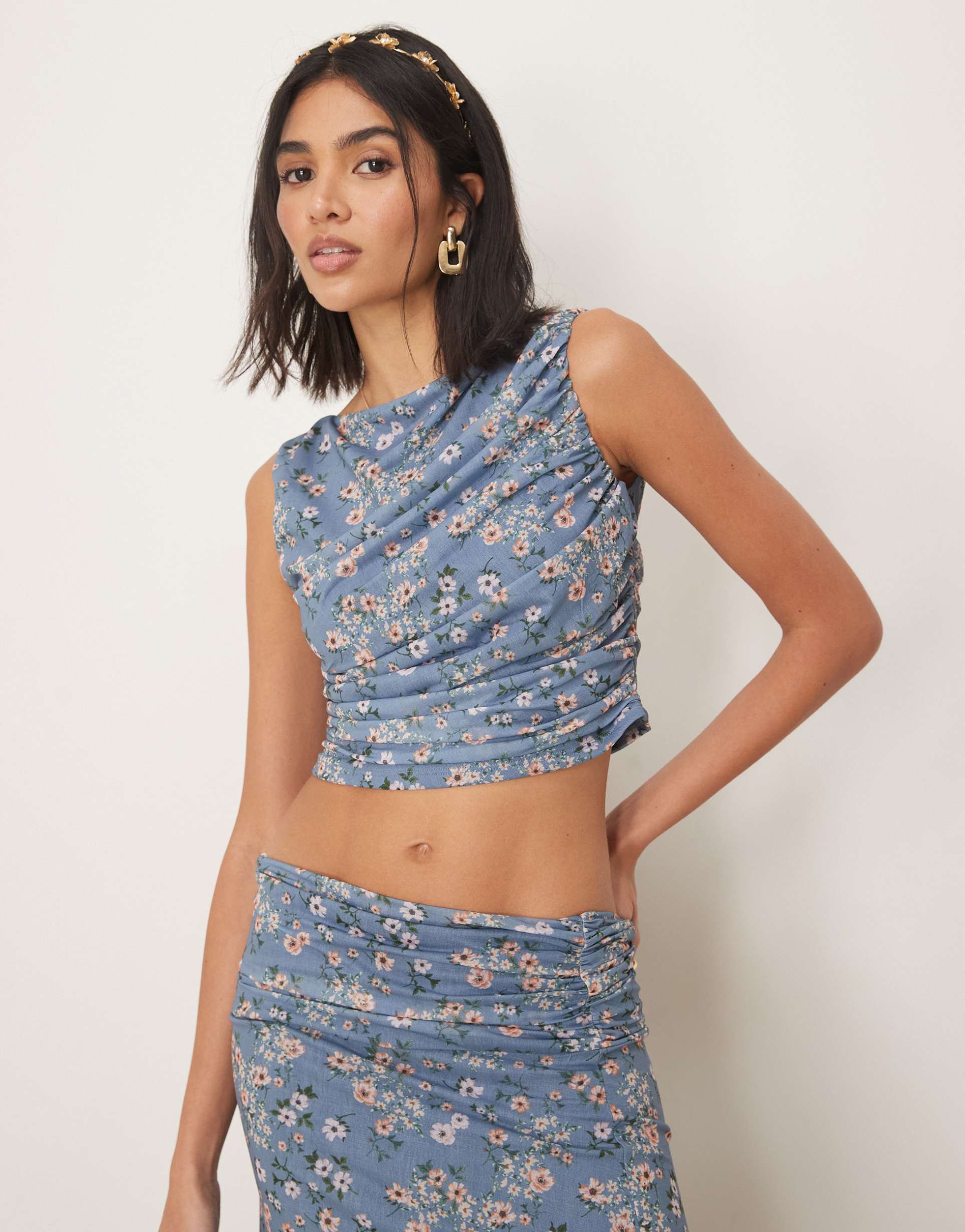 asos design backless ruched drape top in blue floral - part of a set