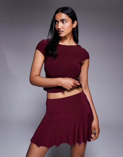 ASOS DESIGN backless slinky crop top in burgundy - part of a set - view 1