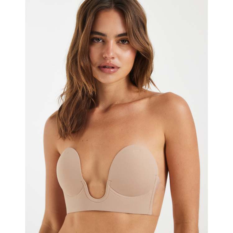 ASOS DESIGN backless strapless plunge bra with stick on wing in beige
