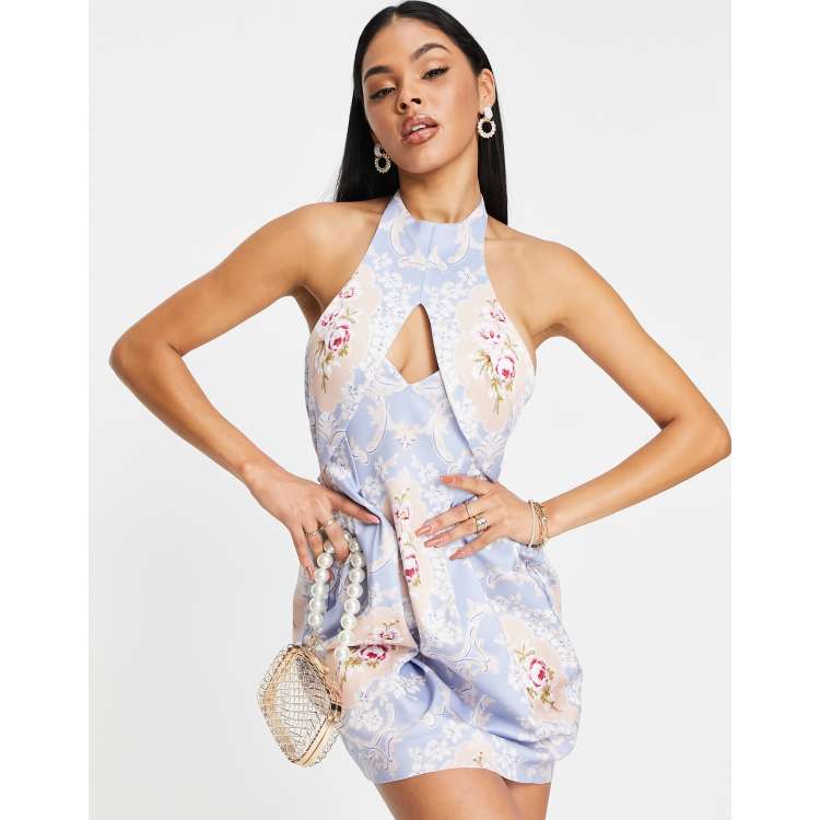 ASOS DESIGN backless tulip mini dress in pastel regal print