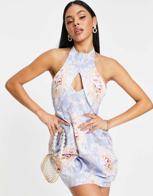 ASOS DESIGN backless tulip mini dress in pastel regal print