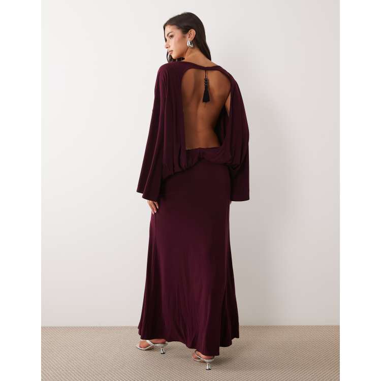 ASOS DESIGN backless wide sleeve maxi dress in burgundy
