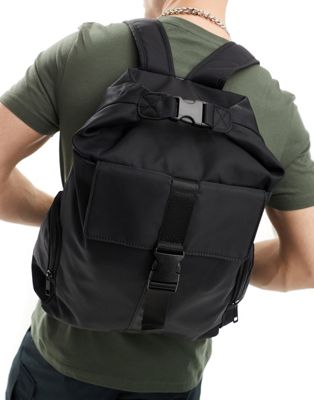 backpack bag with front pocket and clasp closure in black