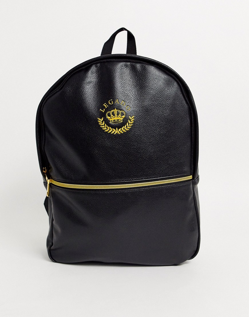ASOS DESIGN backpack in black faux leather with gold embroidery