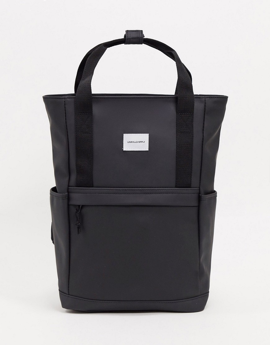 ASOS DESIGN backpack in black rubberised with double strap and branded patch