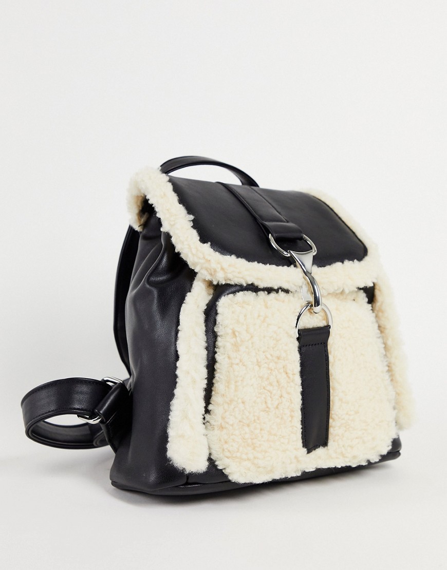 ASOS DESIGN backpack in cream fleece mix-White