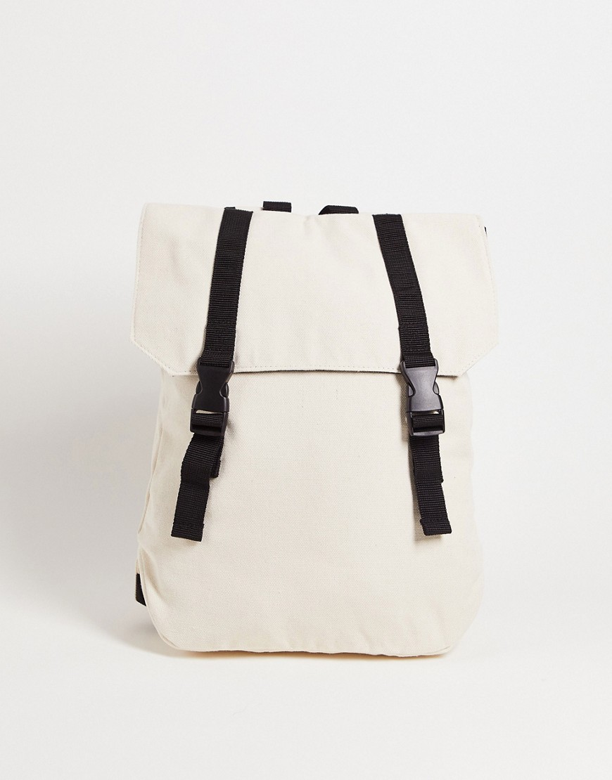 ASOS DESIGN backpack in ecru heavyweight canvas and double strap in black detail-White